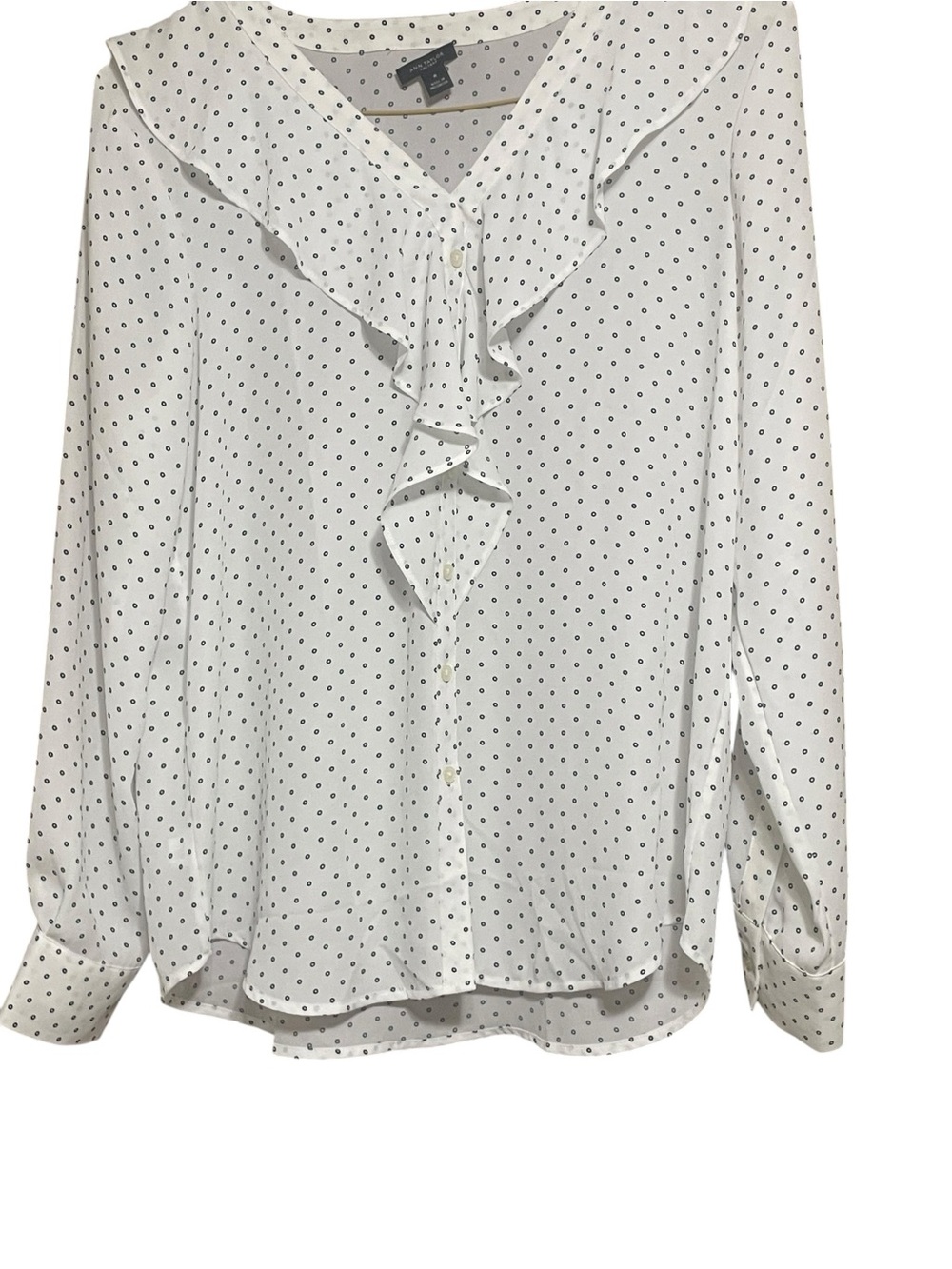 Ann Taylor White Blouse with Black Polka Dots and Ruffle Front